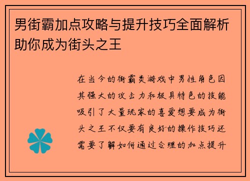 男街霸加点攻略与提升技巧全面解析助你成为街头之王