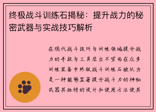 终极战斗训练石揭秘：提升战力的秘密武器与实战技巧解析